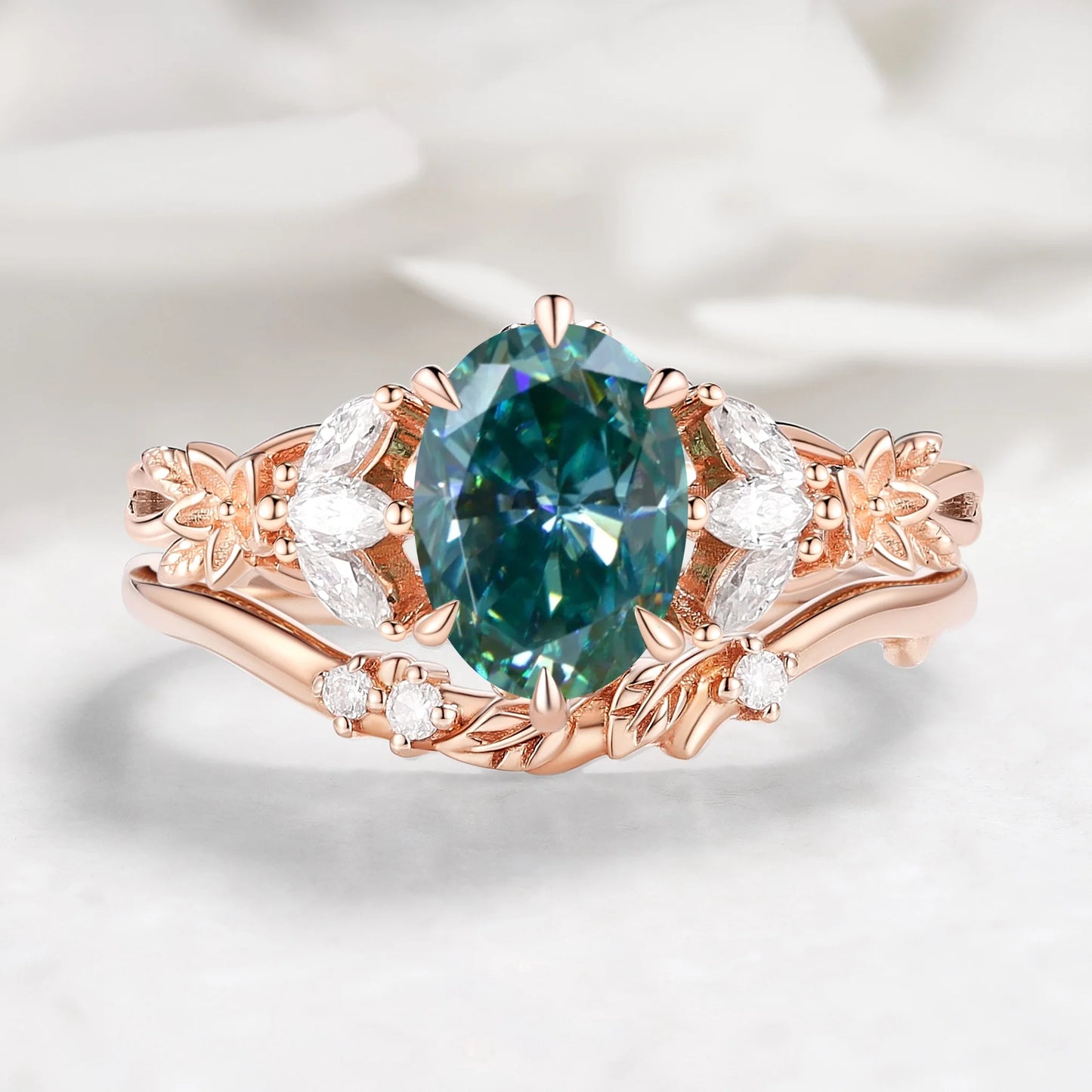 Oval Cut Green Moissanite Flower-Inspired Bud Design Engagement Ring 2pcs
