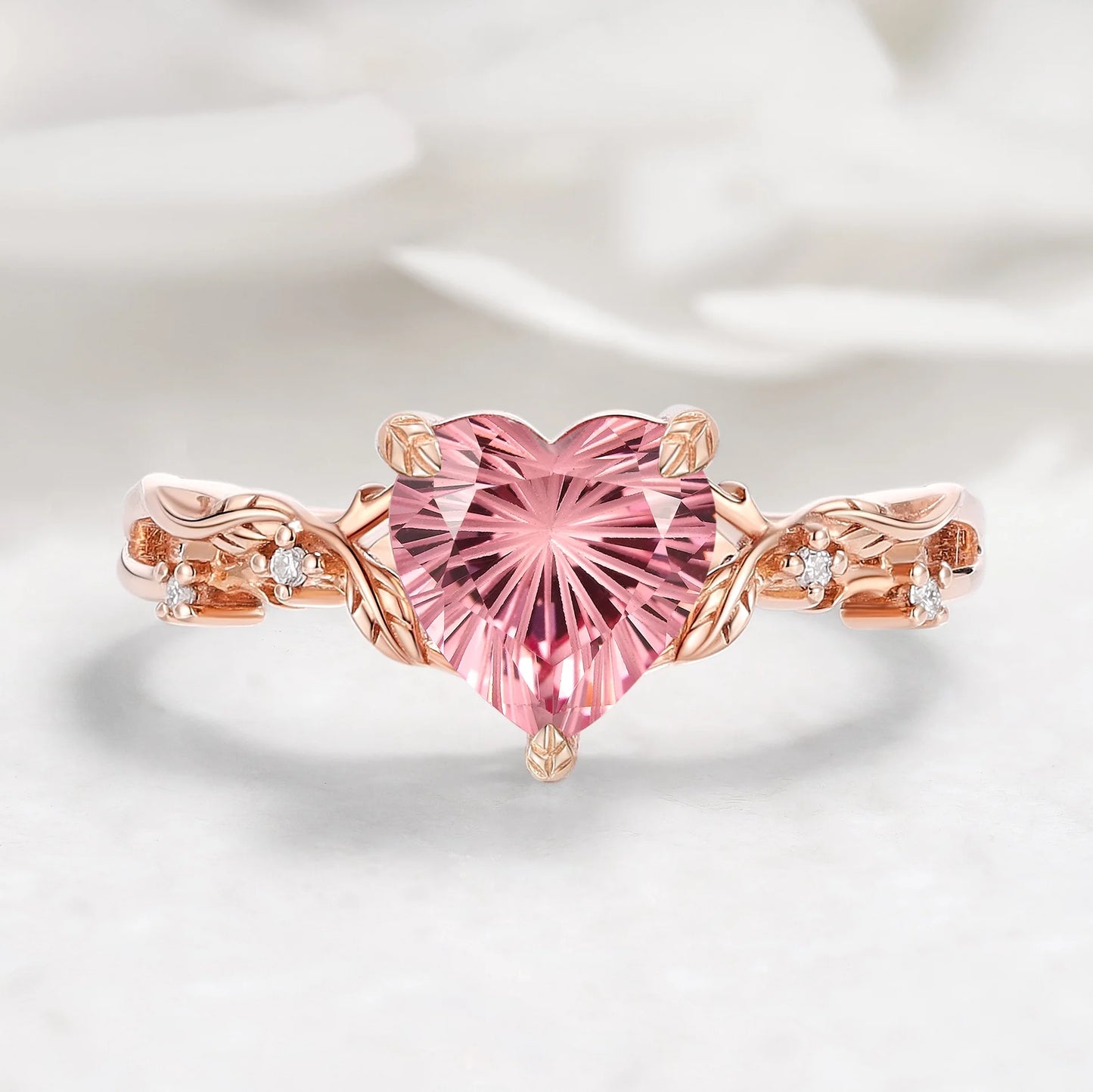 Nature Inspired Leaf Heart Padparadscha Engagement Ring
