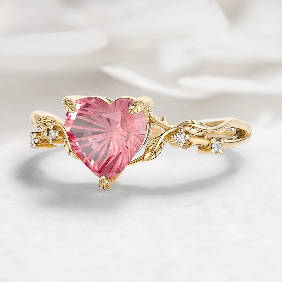 Nature Inspired Leaf Heart Padparadscha Engagement Ring