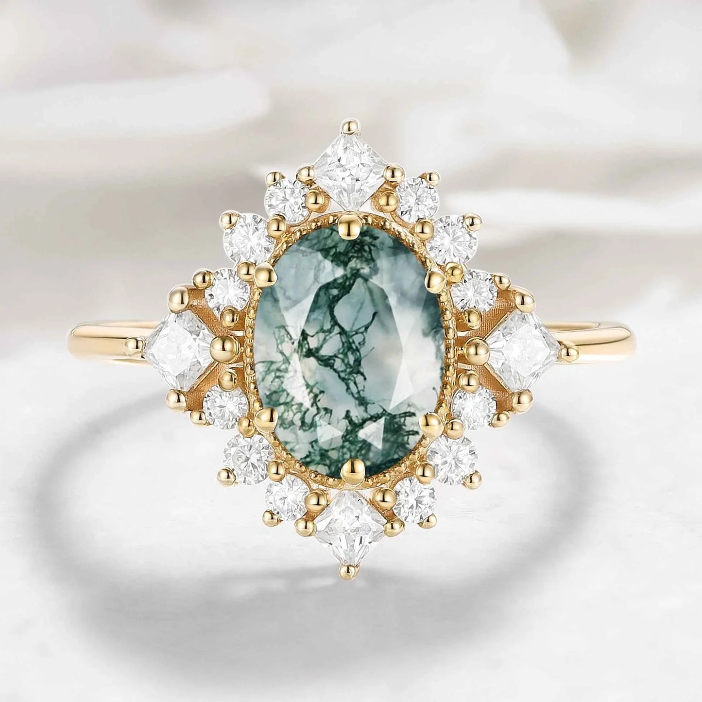 Halo Oval Cut Moss Agate Engagement Ring