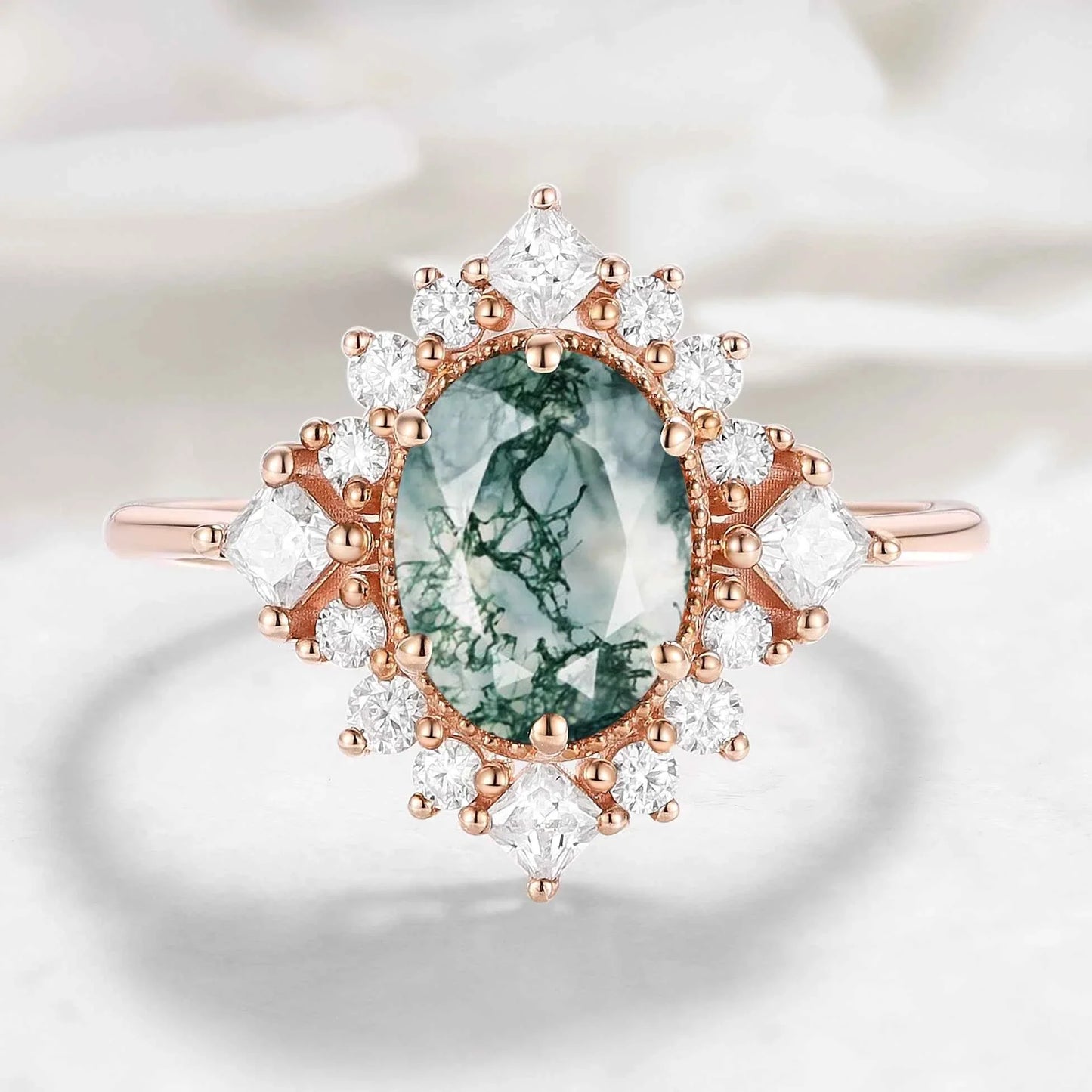 Halo Oval Cut Moss Agate Engagement Ring