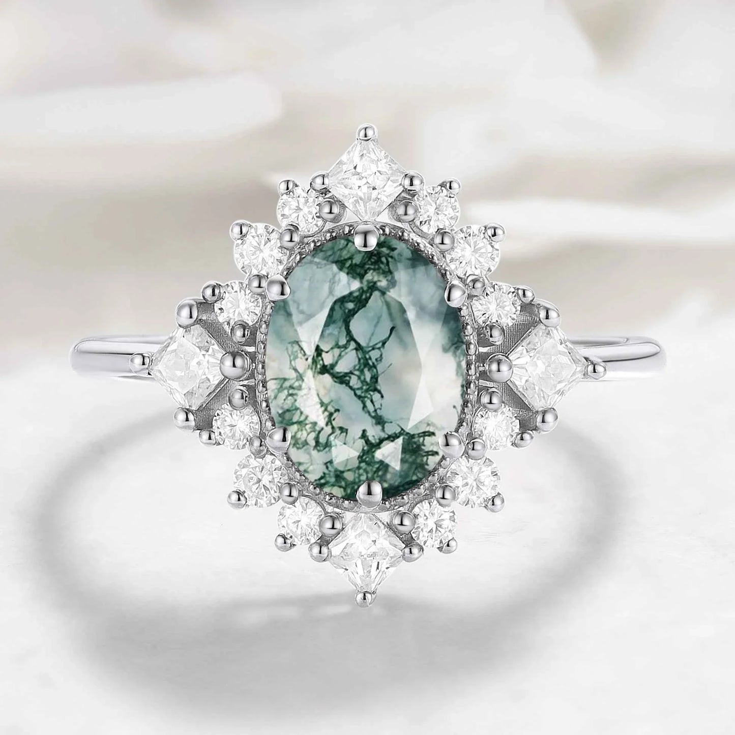 Halo Oval Cut Moss Agate Engagement Ring