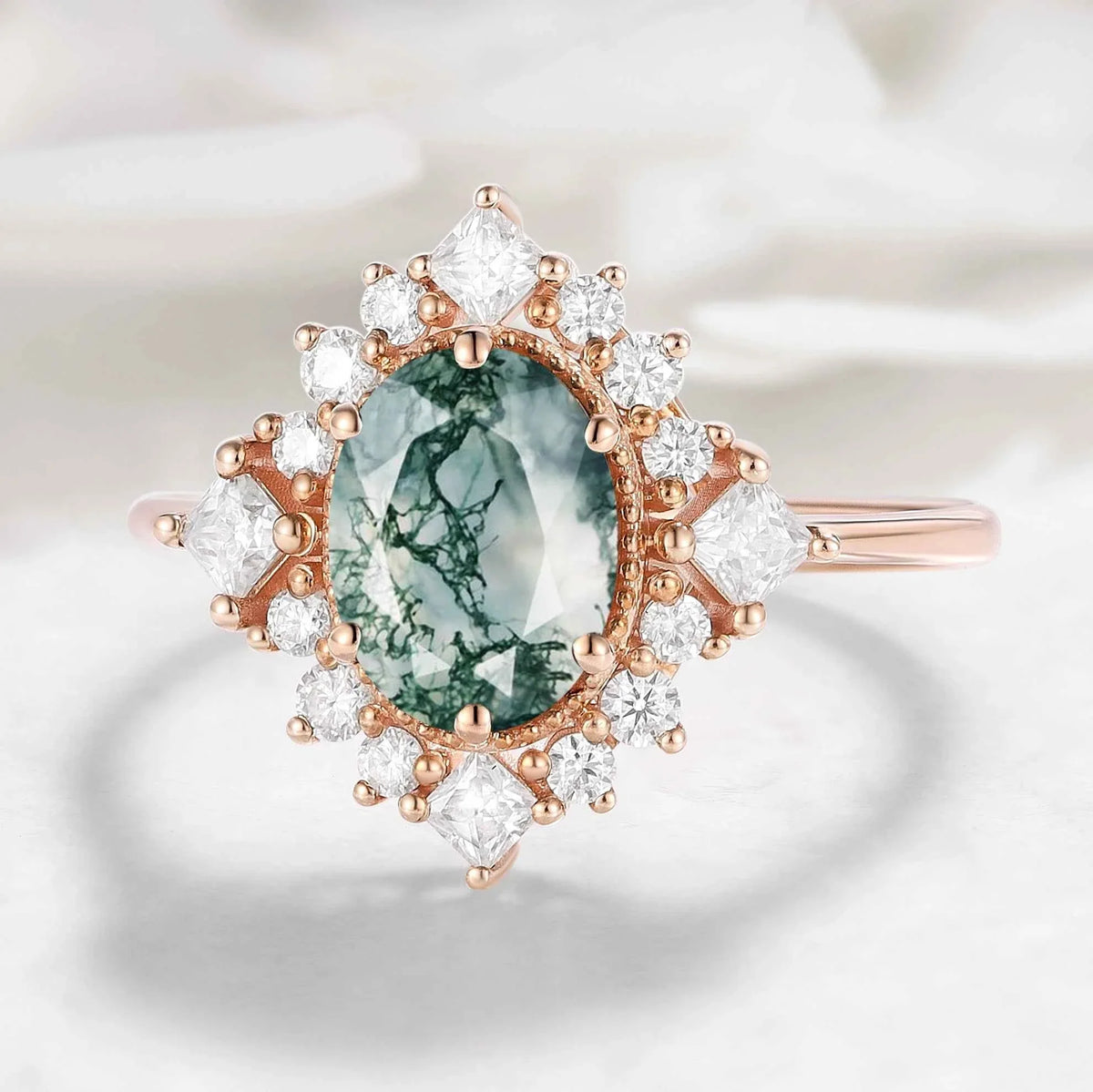 Halo Oval Cut Moss Agate Engagement Ring
