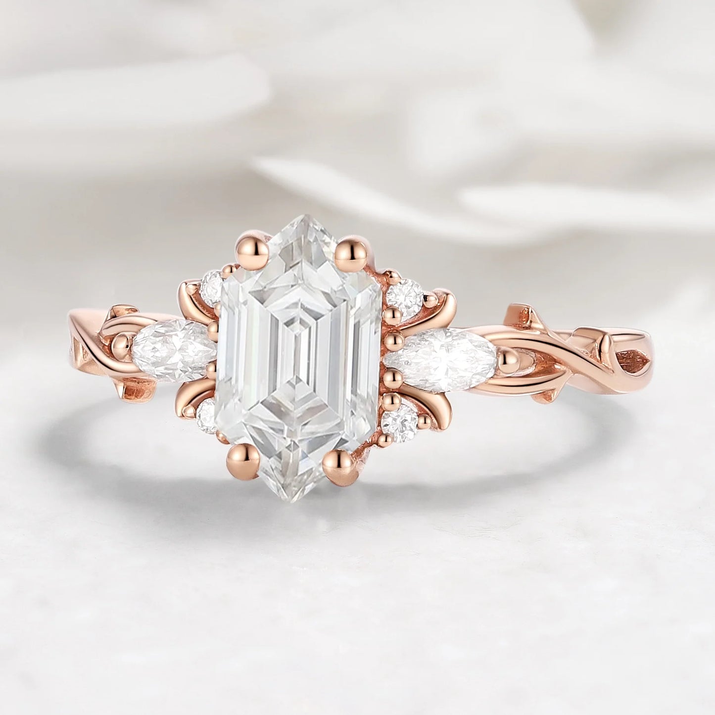 Nature-inspired Hexagon Cut Moissanite Engagement Ring