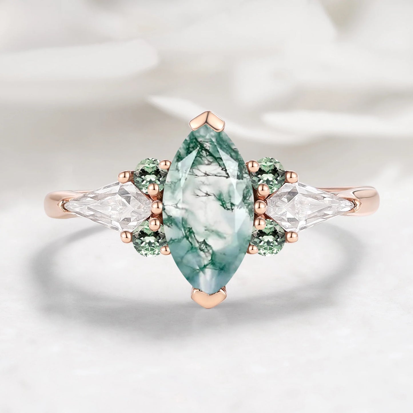 Marquise Cut Moss Agate Engagement Ring with Sapphire Moissanite Accents