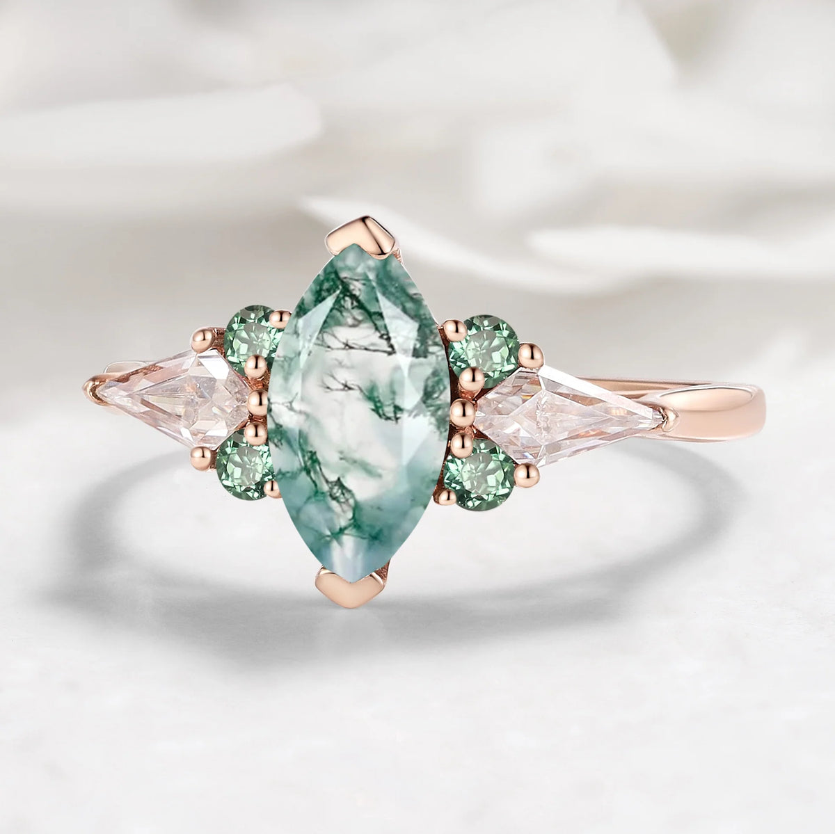 Marquise Cut Moss Agate Engagement Ring with Sapphire Moissanite Accents