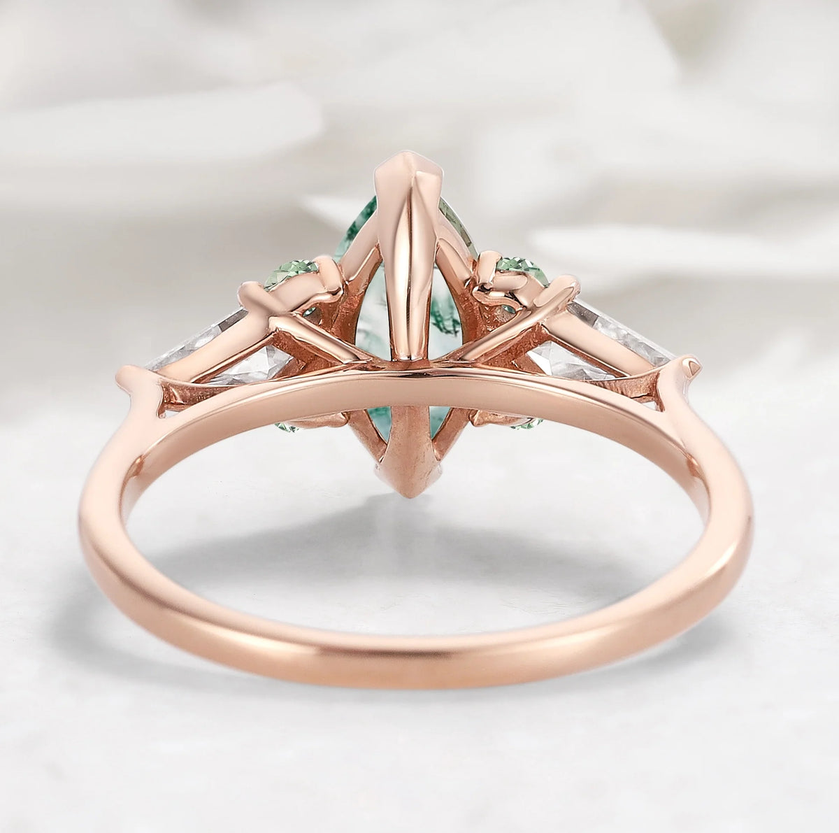 Marquise Cut Moss Agate Engagement Ring with Sapphire Moissanite Accents