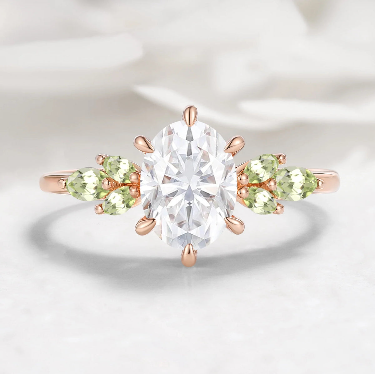 Oval Cut Moissanite Engagement Ring with Marquise Peridot Stone Accents