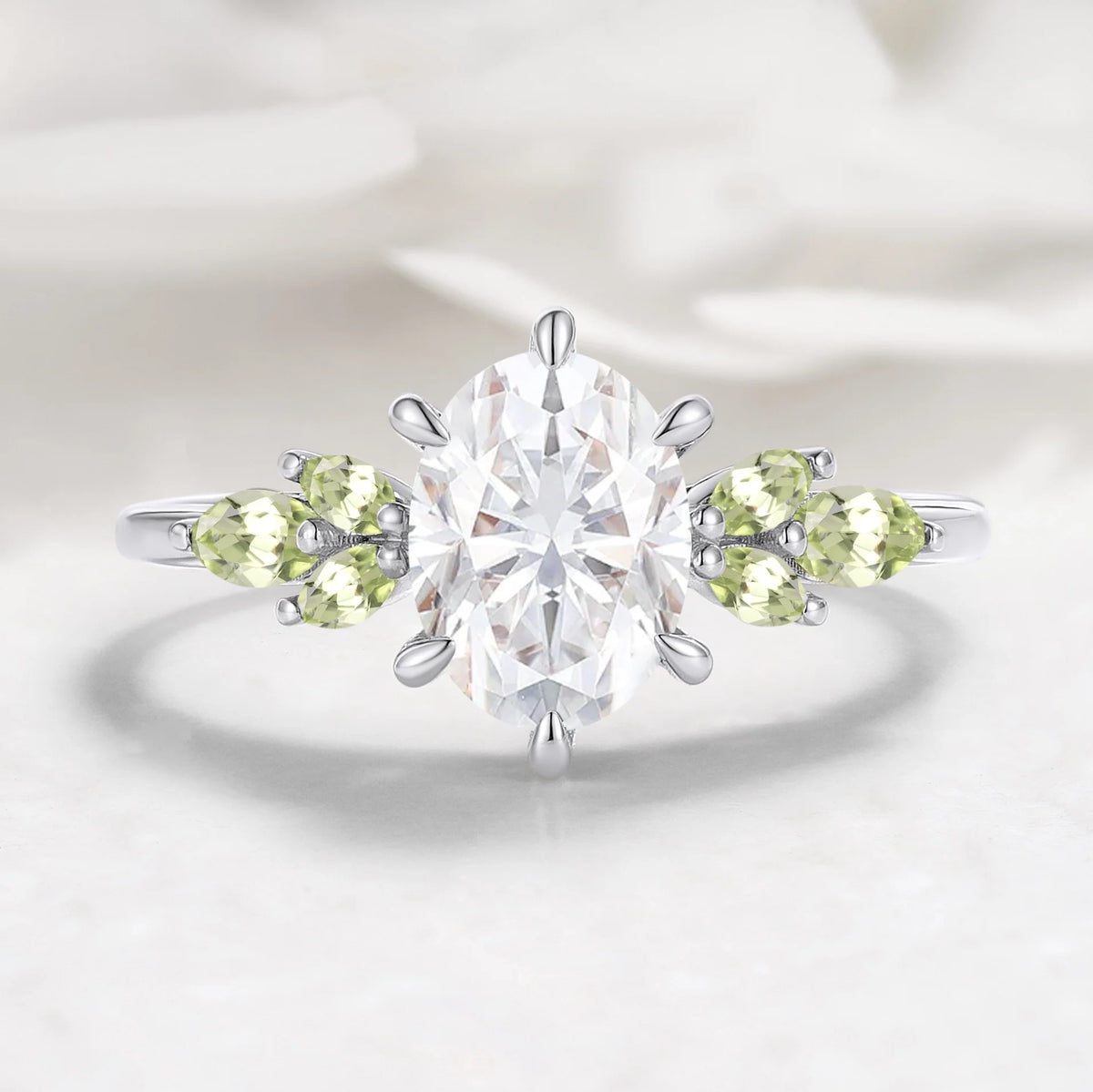 Oval Cut Moissanite Engagement Ring with Marquise Peridot Stone Accents