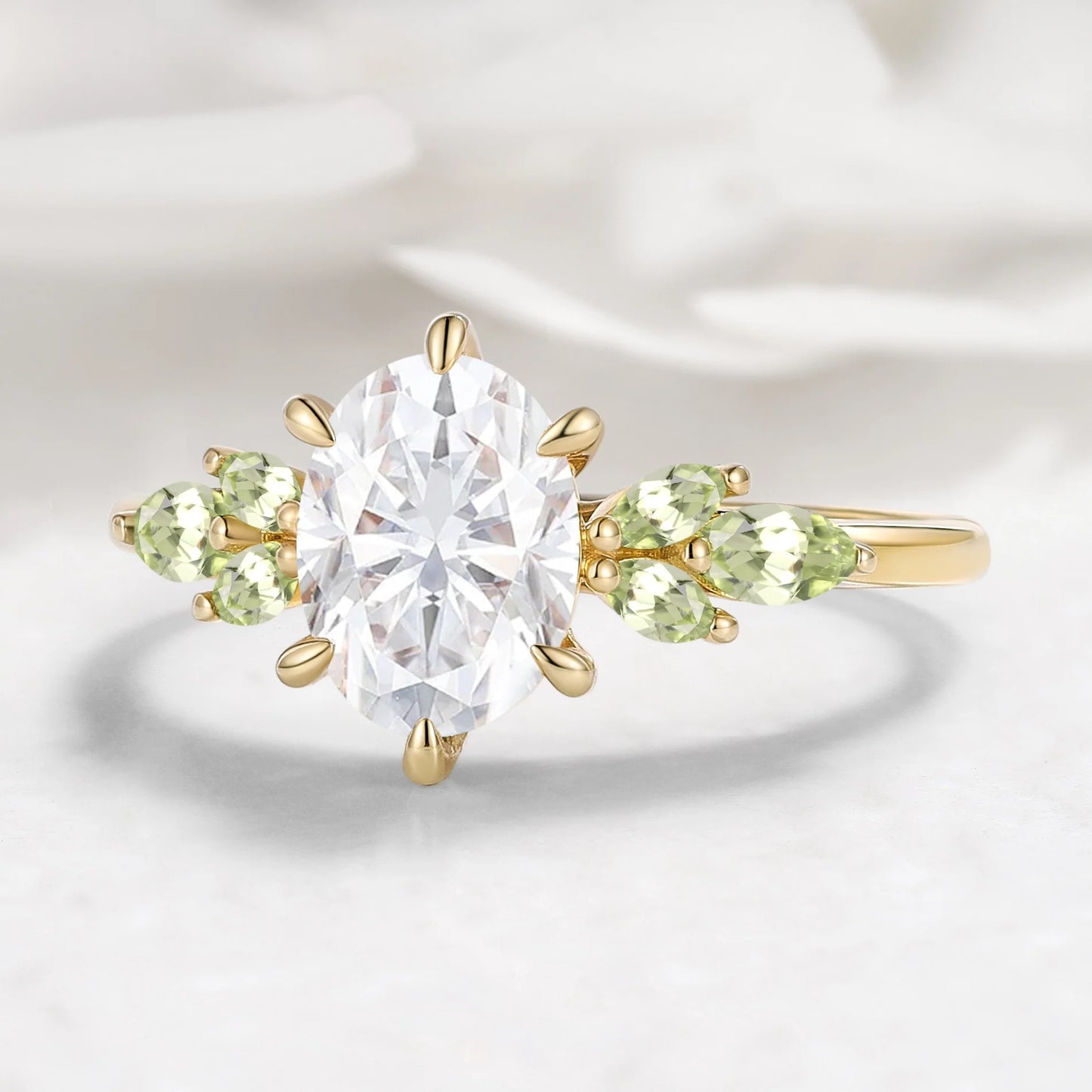 Oval Cut Moissanite Engagement Ring with Marquise Peridot Stone Accents