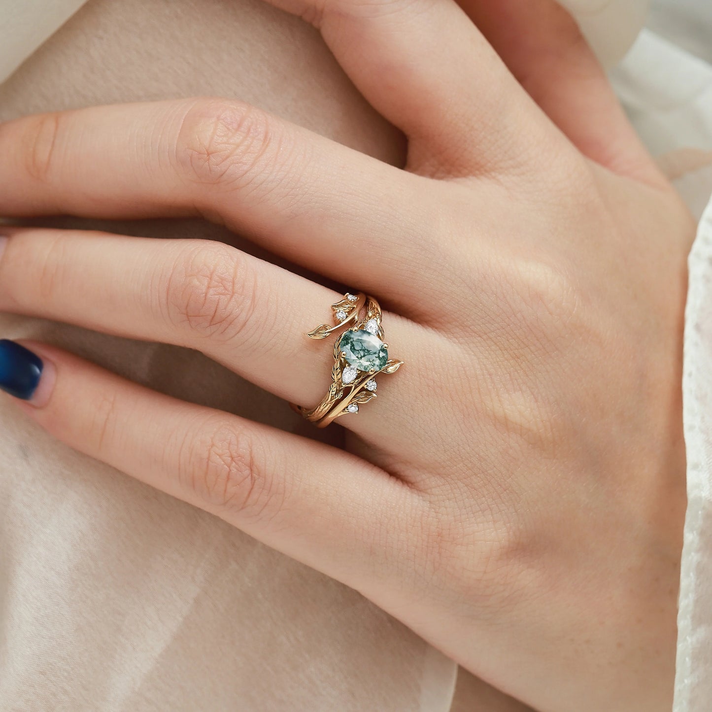 Leaf-Inspired Oval Cut Moss Agate Engagement Ring With Enhancer Ring Bridal Set