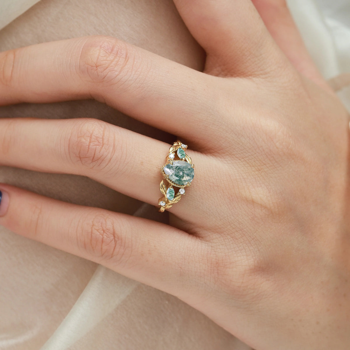 Leaf-Inspired Pear Cut Moss Agate Engagement Ring in Vintage Bezel Setting