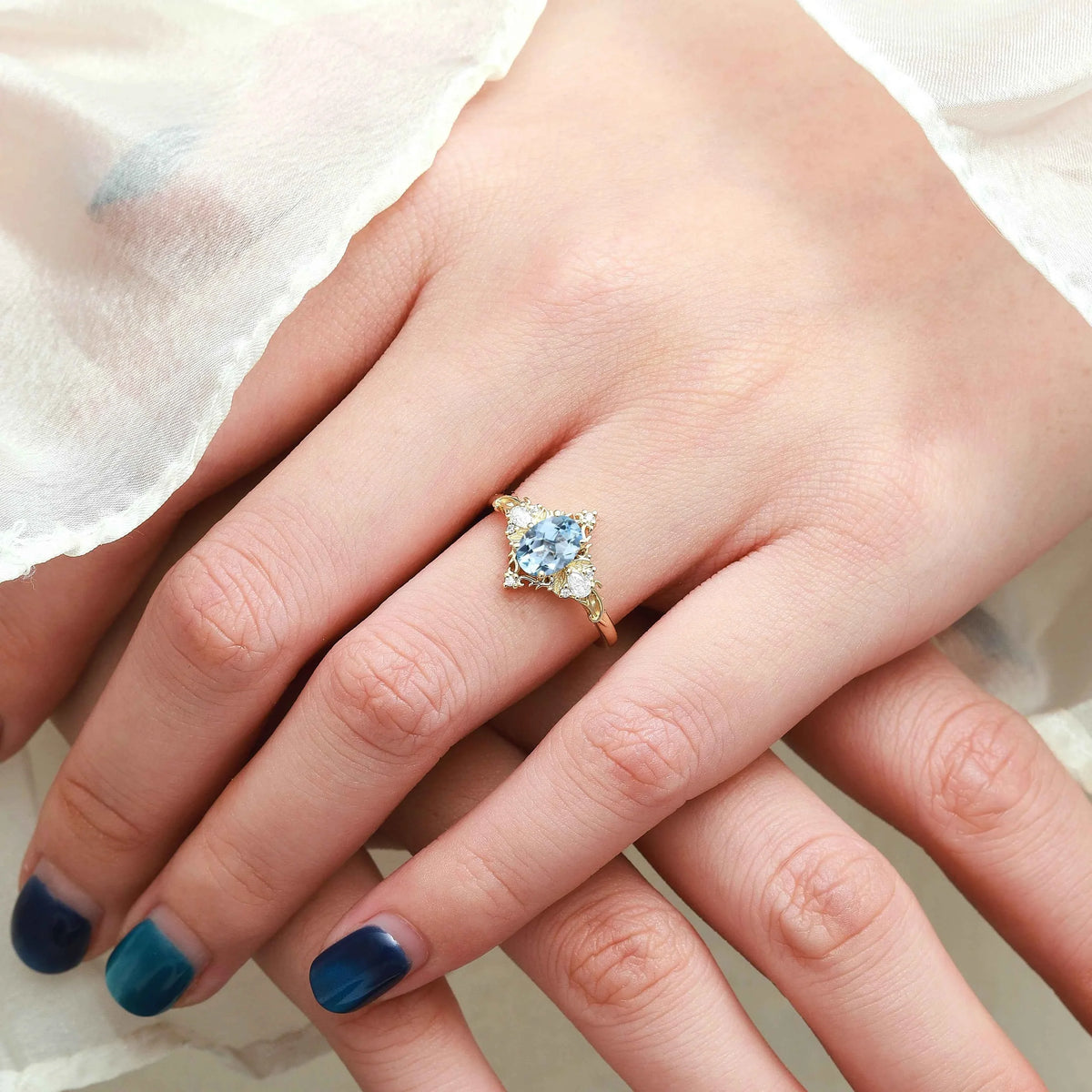 Oval Aquamarine & Pear Moissanite Engagement Ring with Leaf Motifs and Vine-Style Band - Seraphina
