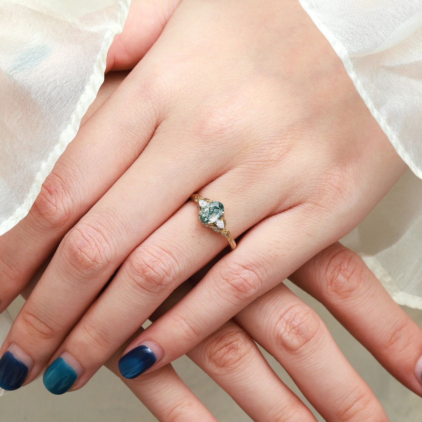Leaf-Inspired Oval Cut Moss Agate Three-Stone Engagement Ring