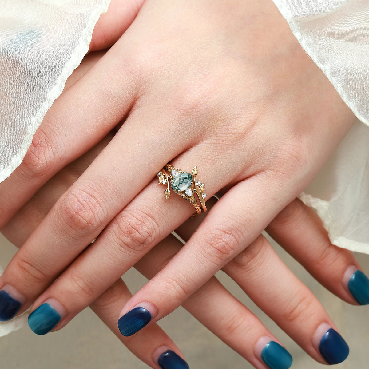 Leaf-Inspired Oval Cut Moss Agate Engagement Ring With Enhancer Ring Bridal Set