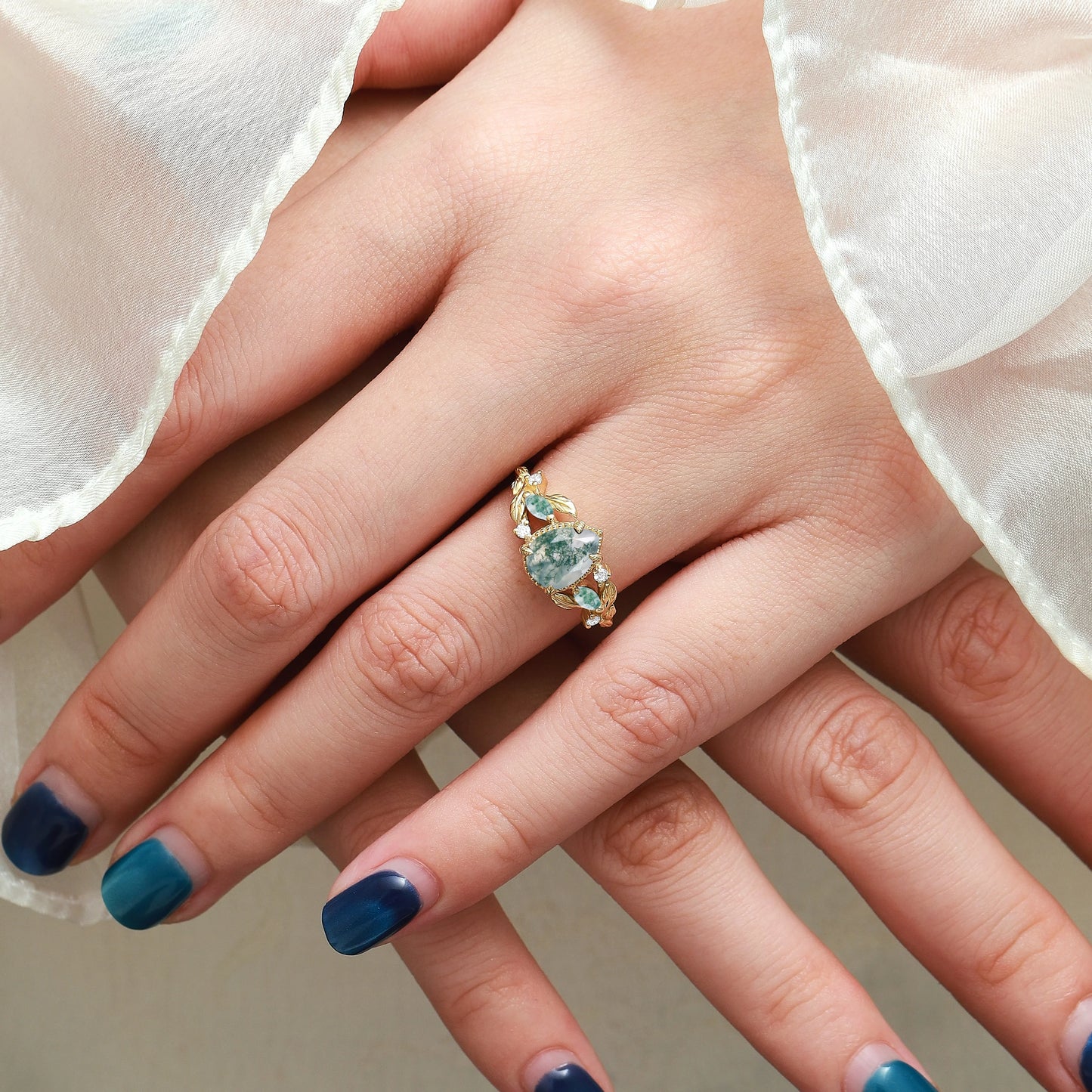 Leaf-Inspired Pear Cut Moss Agate Engagement Ring in Vintage Bezel Setting