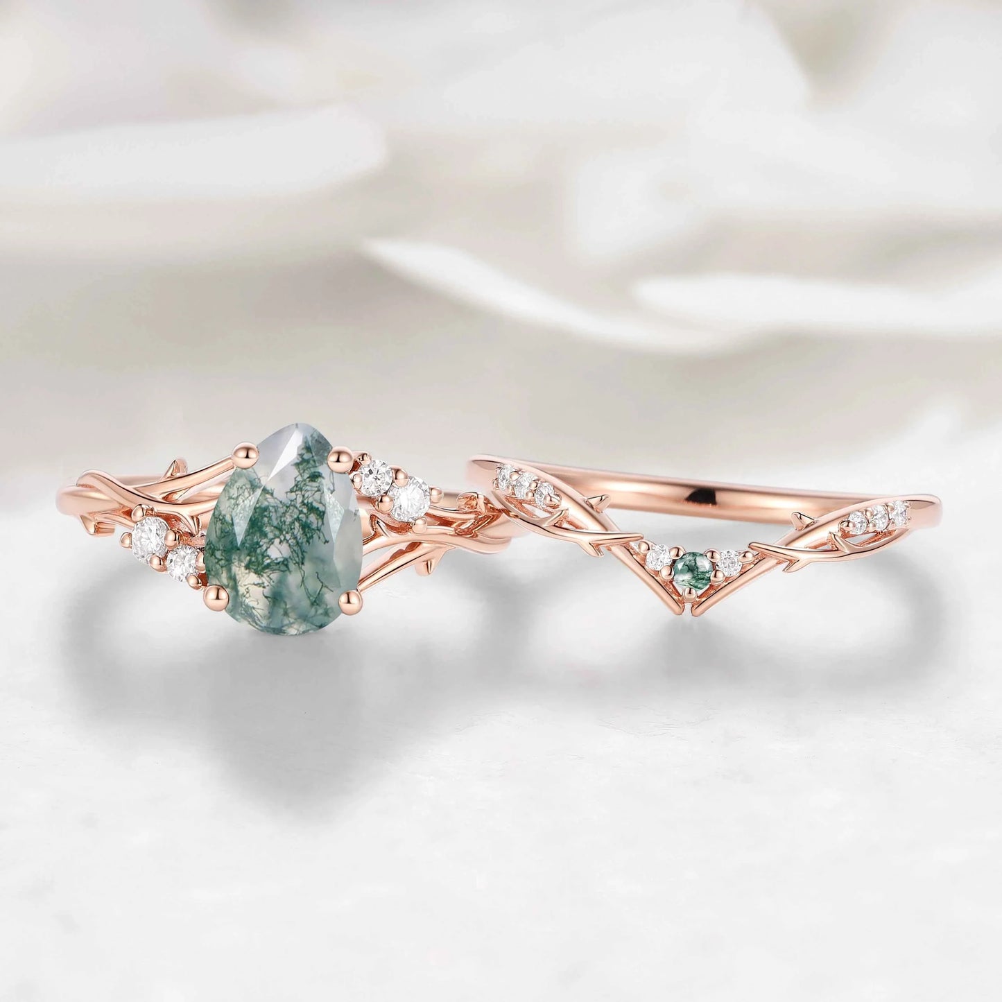 Nature-Inspired Branch Pear Cut Moss Agate Engagement Ring Bridal Set - Faewillow