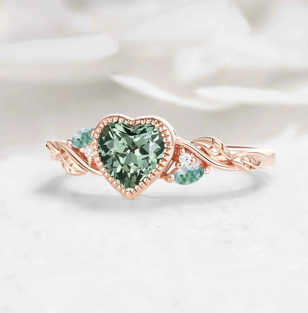 Nature-Inspired Leaf Heart-Cut Green Sapphire Bezel Engagement Ring & Moss Agate Accent - Isabellas