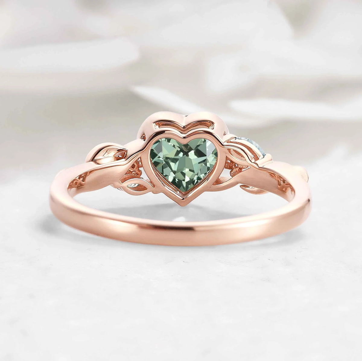 Nature-Inspired Leaf Heart-Cut Green Sapphire Bezel Engagement Ring & Moss Agate Accent - Isabellas