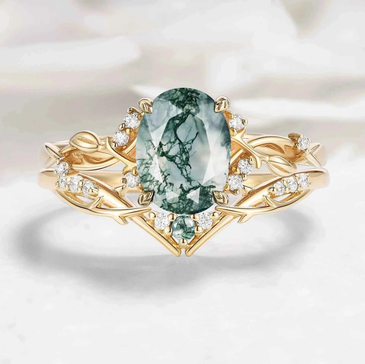 Nature-Inspired Leaf Oval Cut Moss Agate Engagement Ring 2pcs