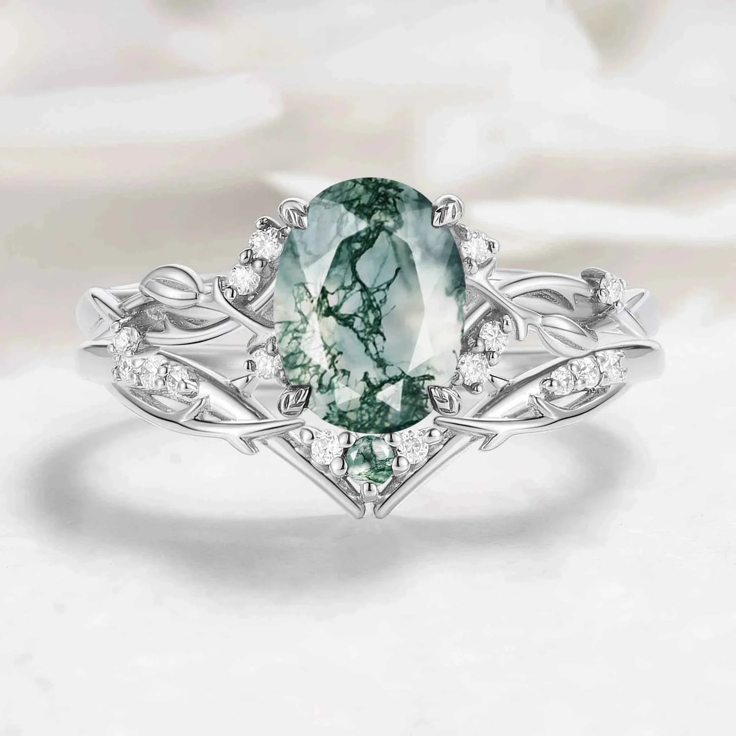 Nature-Inspired Leaf Oval Cut Moss Agate Engagement Ring 2pcs