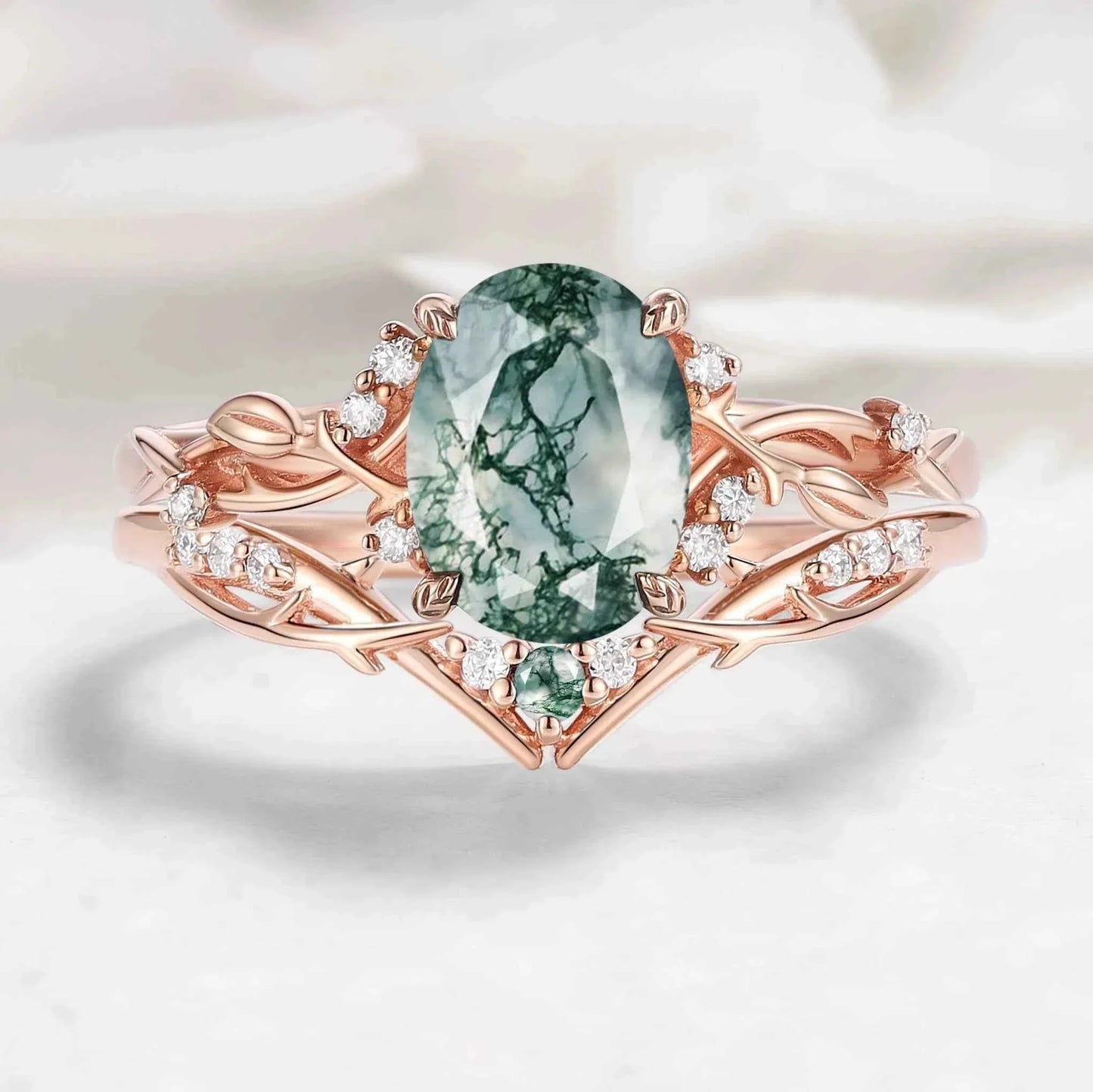 Nature-Inspired Leaf Oval Cut Moss Agate Engagement Ring 2pcs