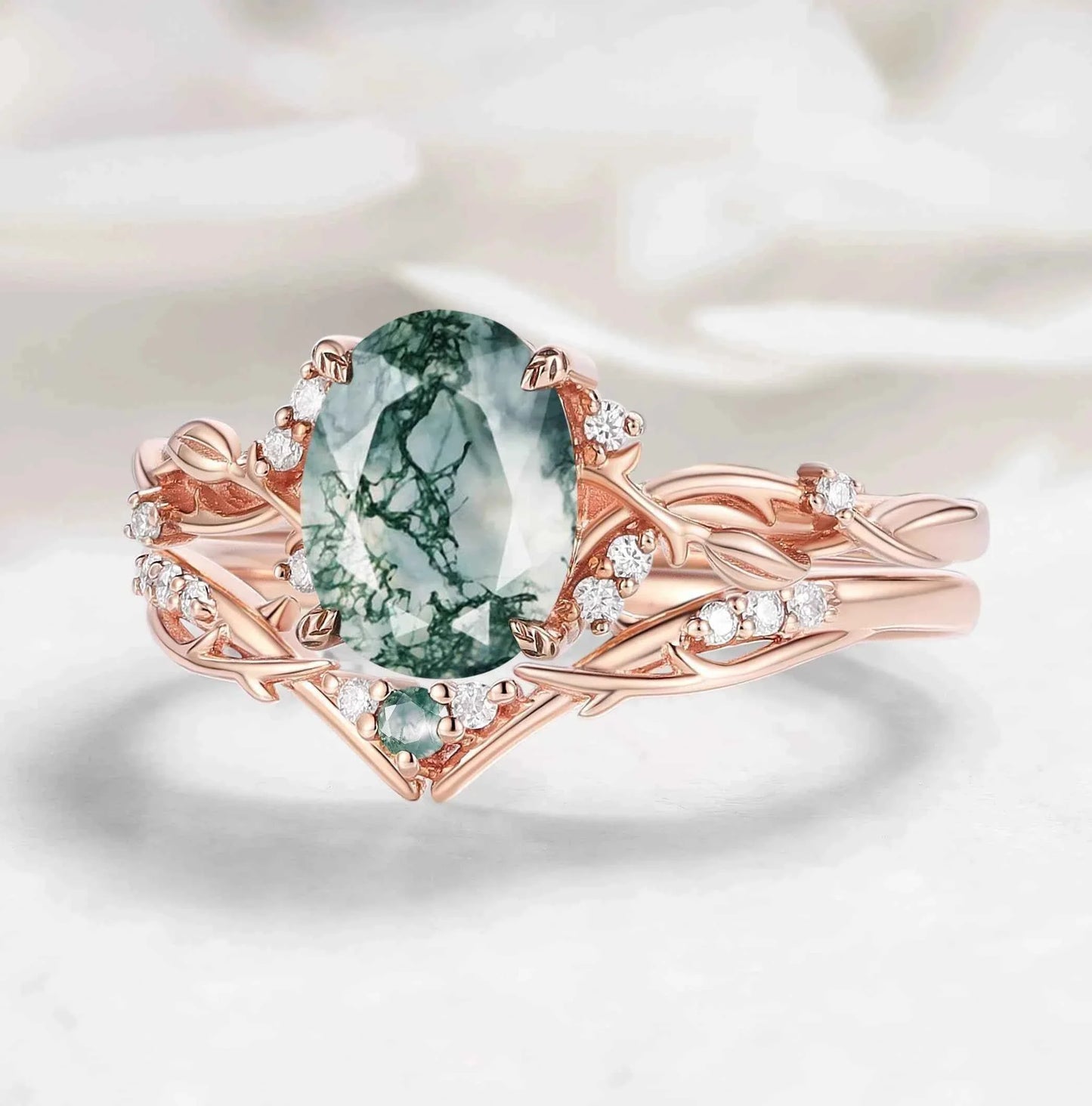 Nature-Inspired Leaf Oval Cut Moss Agate Engagement Ring 2pcs