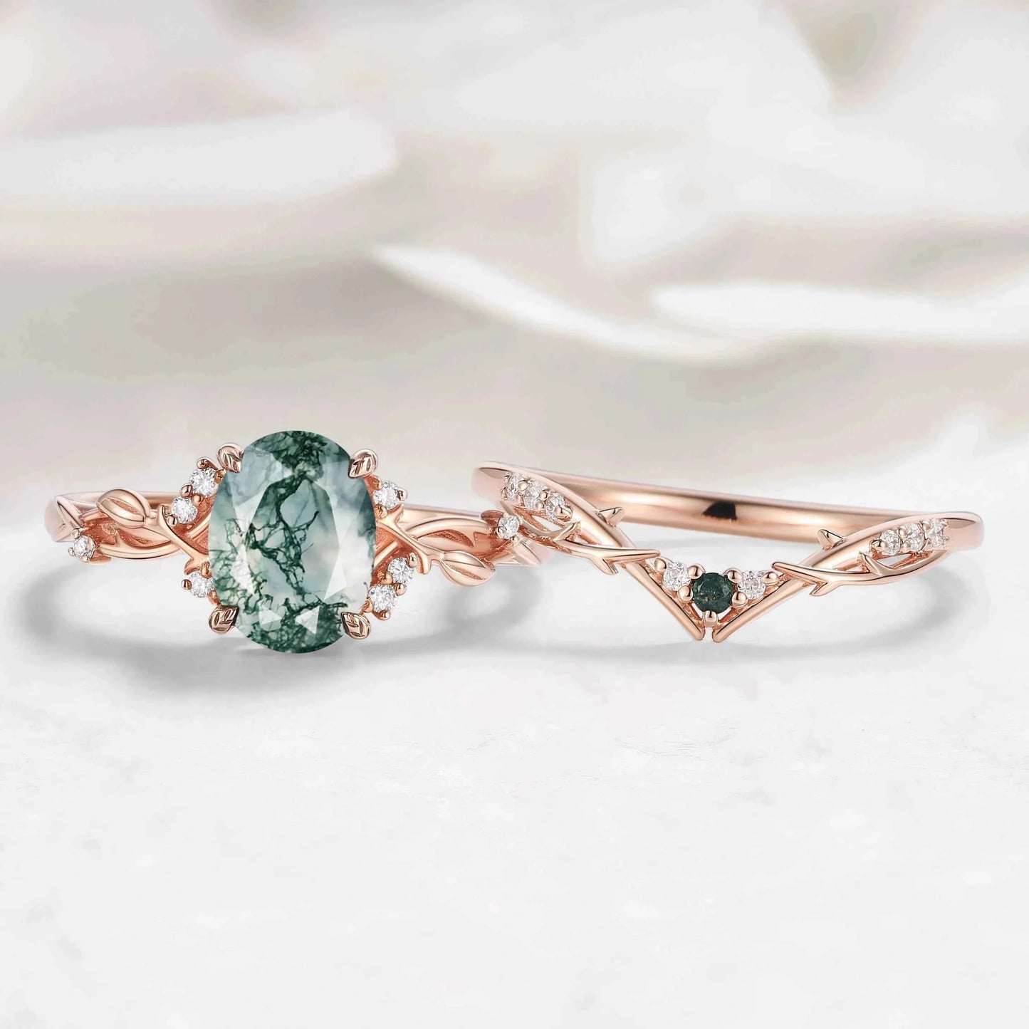 Nature-Inspired Leaf Oval Cut Moss Agate Engagement Ring 2pcs