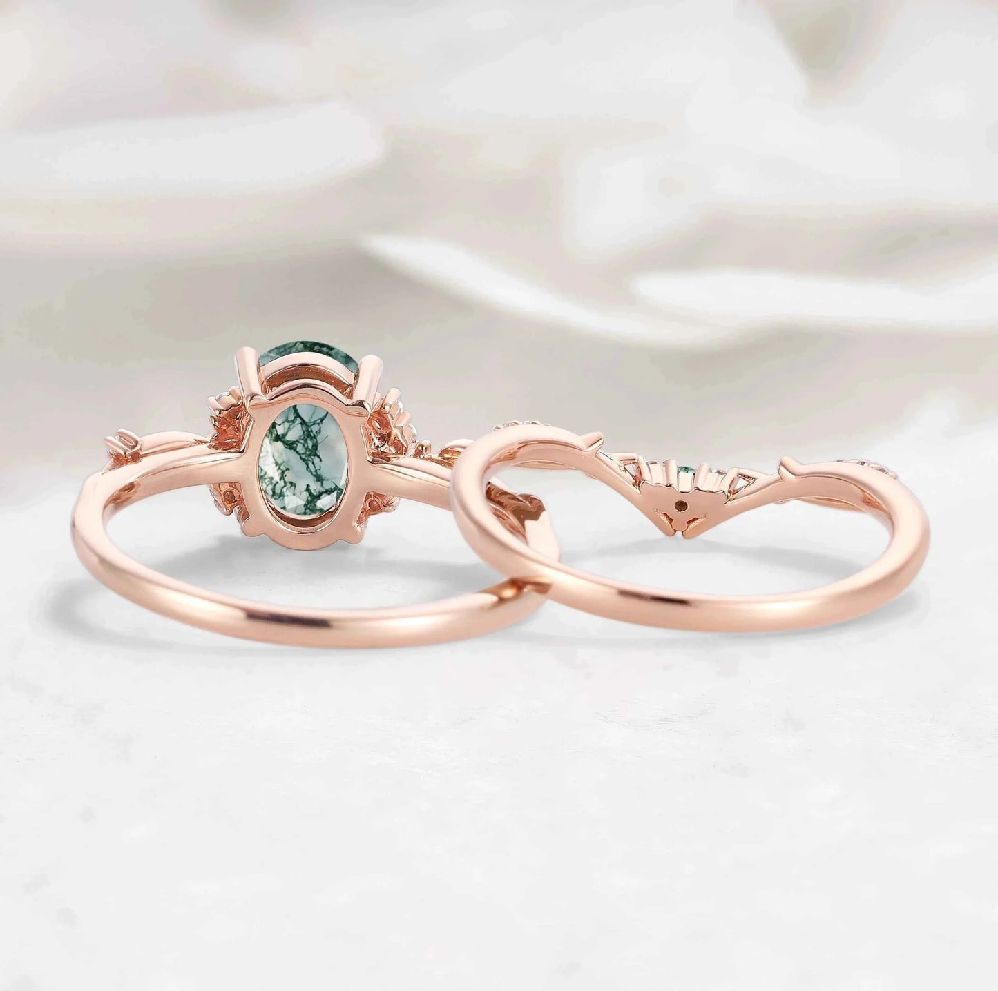 Nature-Inspired Leaf Oval Cut Moss Agate Engagement Ring 2pcs