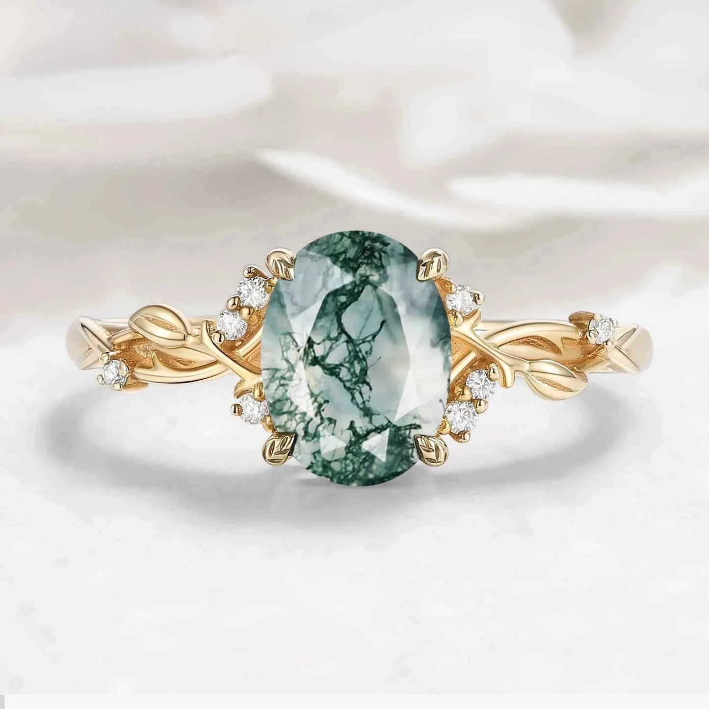Nature-Inspired Leaf Oval Cut Moss Agate Engagement Ring
