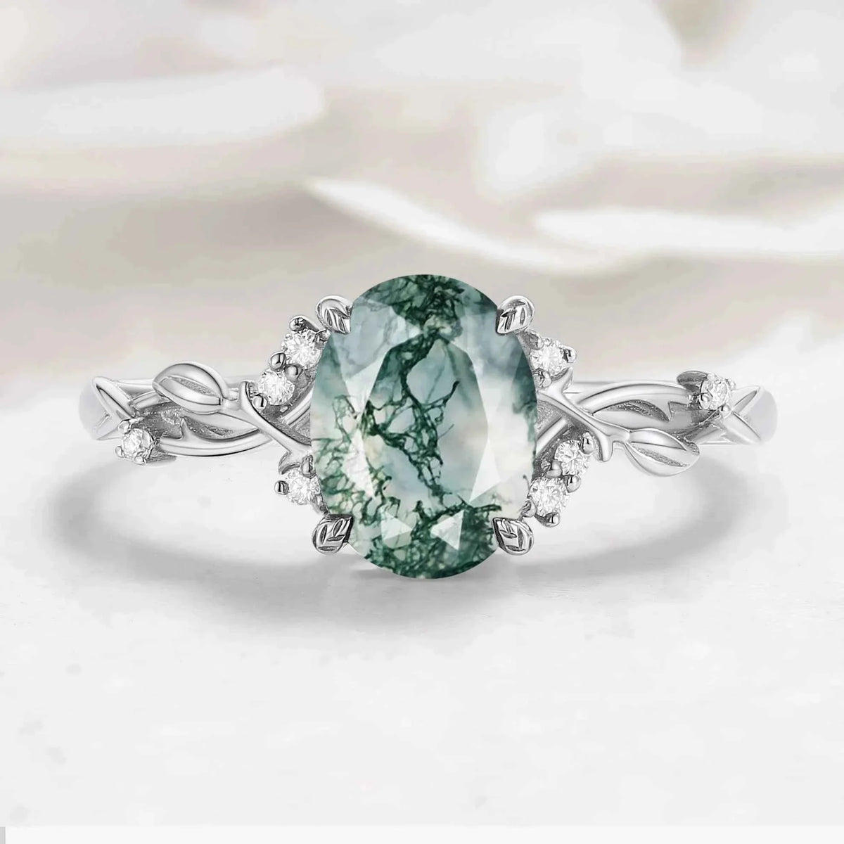Nature-Inspired Leaf Oval Cut Moss Agate Engagement Ring