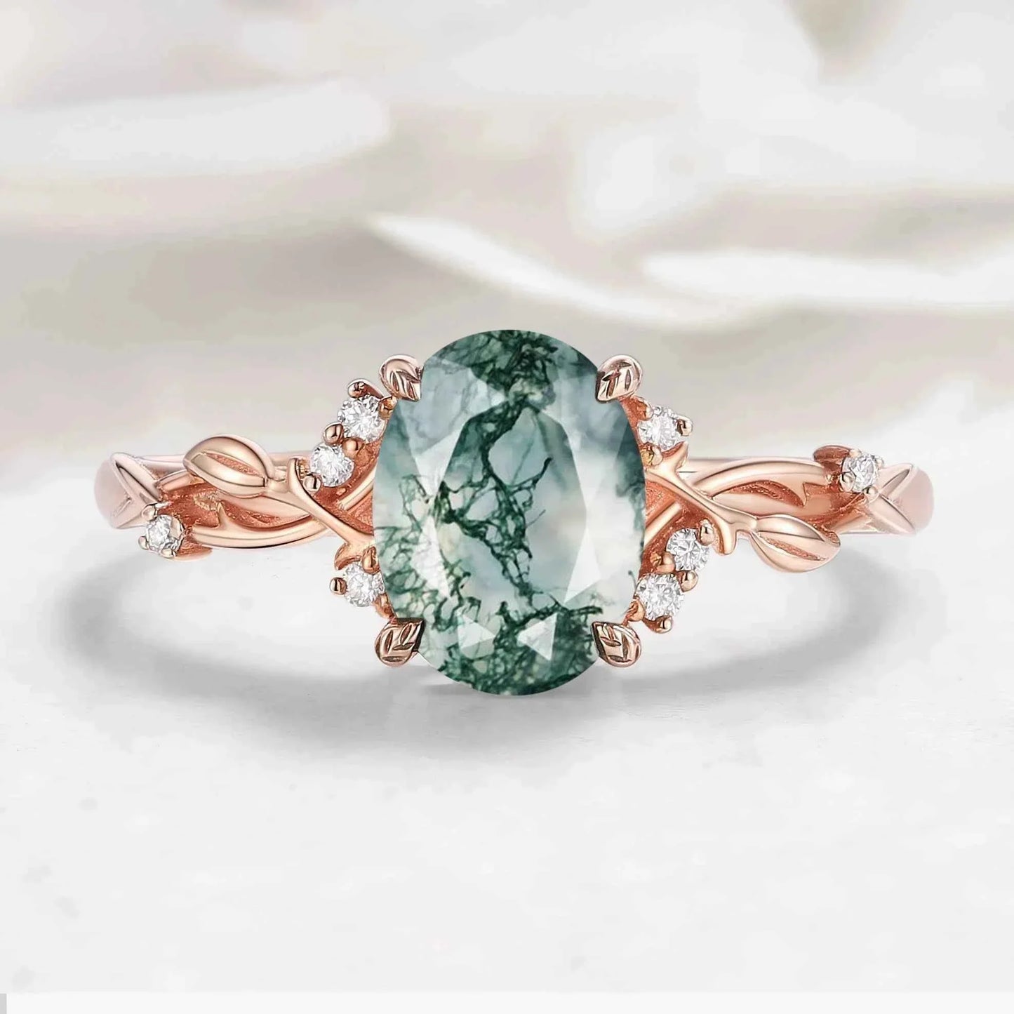 Nature-Inspired Leaf Oval Cut Moss Agate Engagement Ring