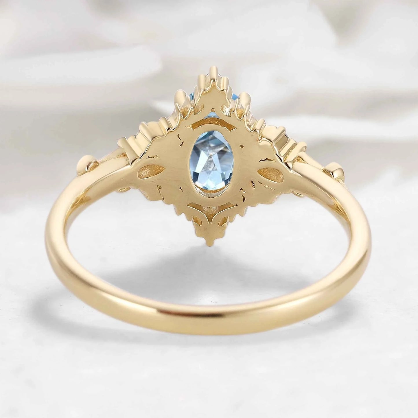 Oval Aquamarine & Pear Moissanite Engagement Ring with Leaf Motifs and Vine-Style Band - Seraphina