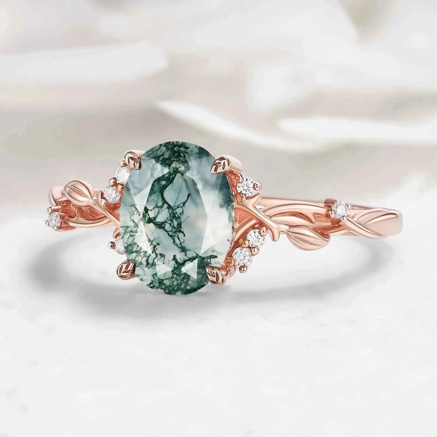 Nature-Inspired Leaf Oval Cut Moss Agate Engagement Ring