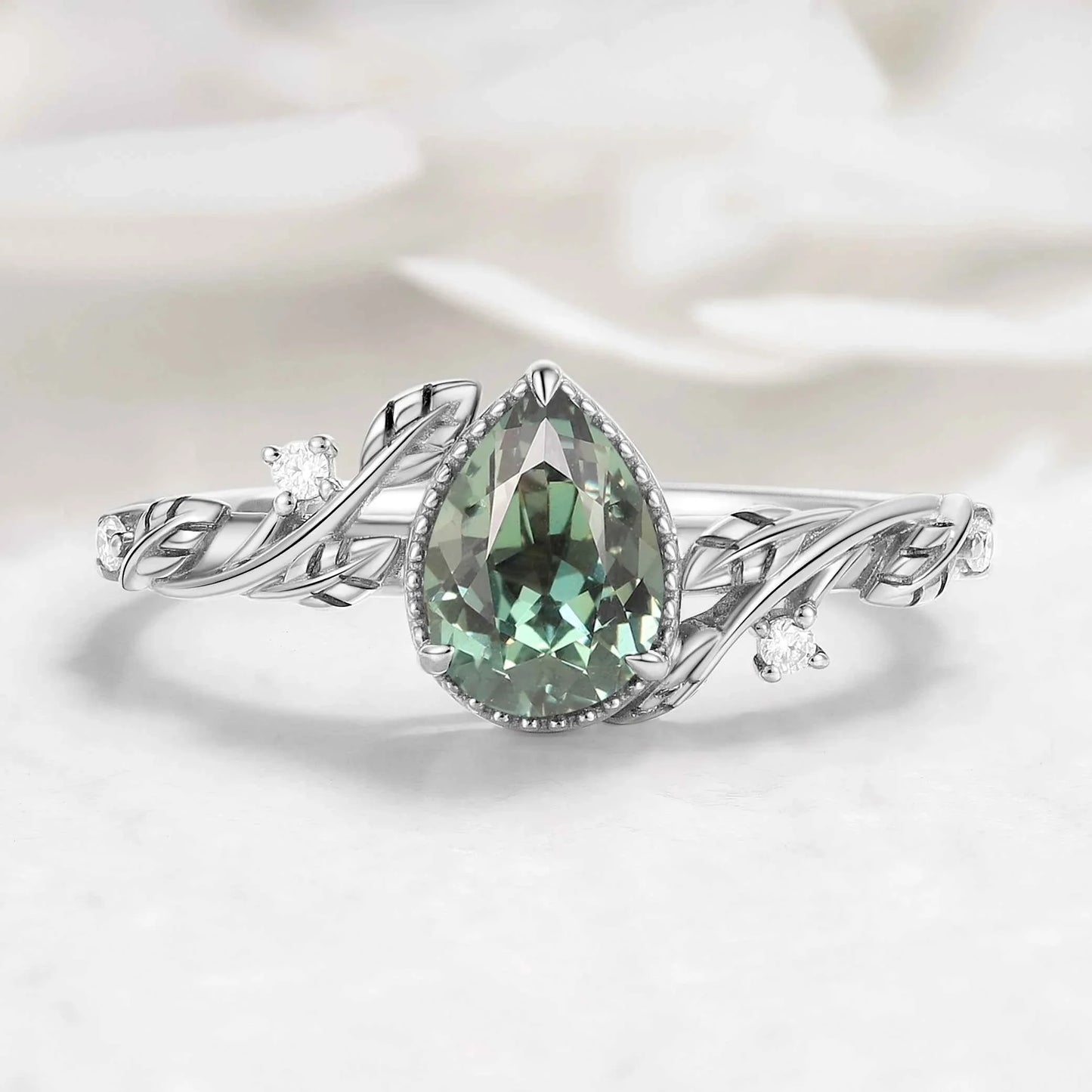 Nature-Inspired Pear Cut Green Sapphire Engagement Ring