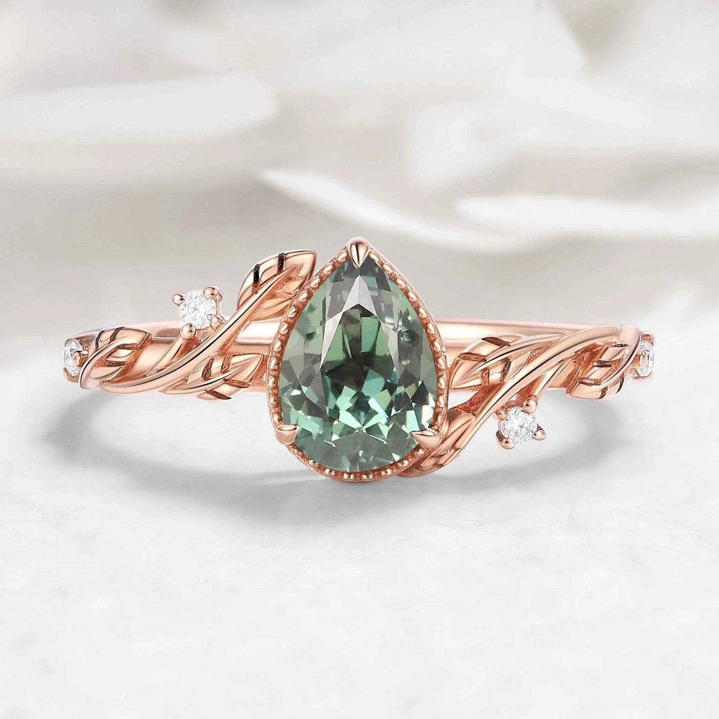 Nature-Inspired Pear Cut Green Sapphire Engagement Ring