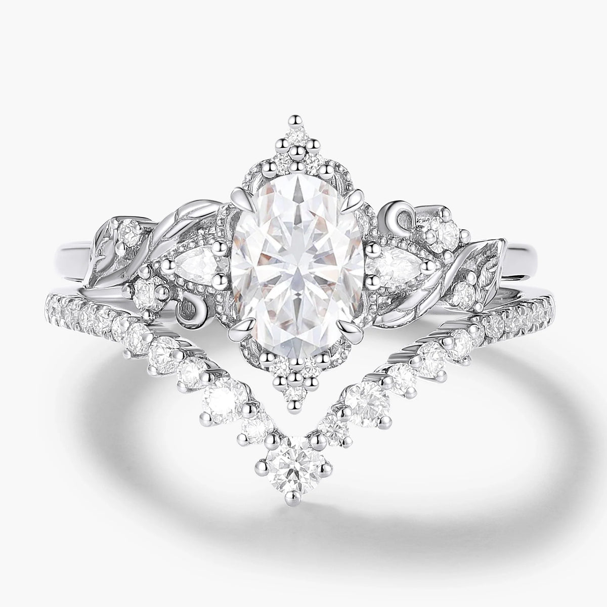 Oval Cut Moissanite Leaf Engagement Ring Set 2pcs