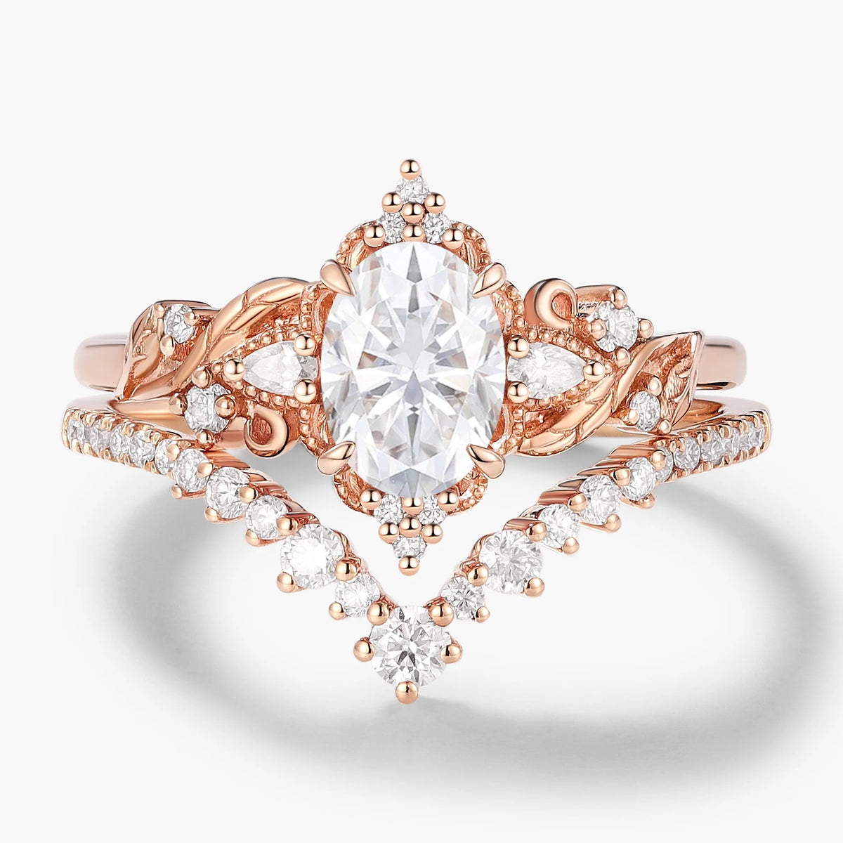 Oval Cut Moissanite Leaf Engagement Ring Set 2pcs