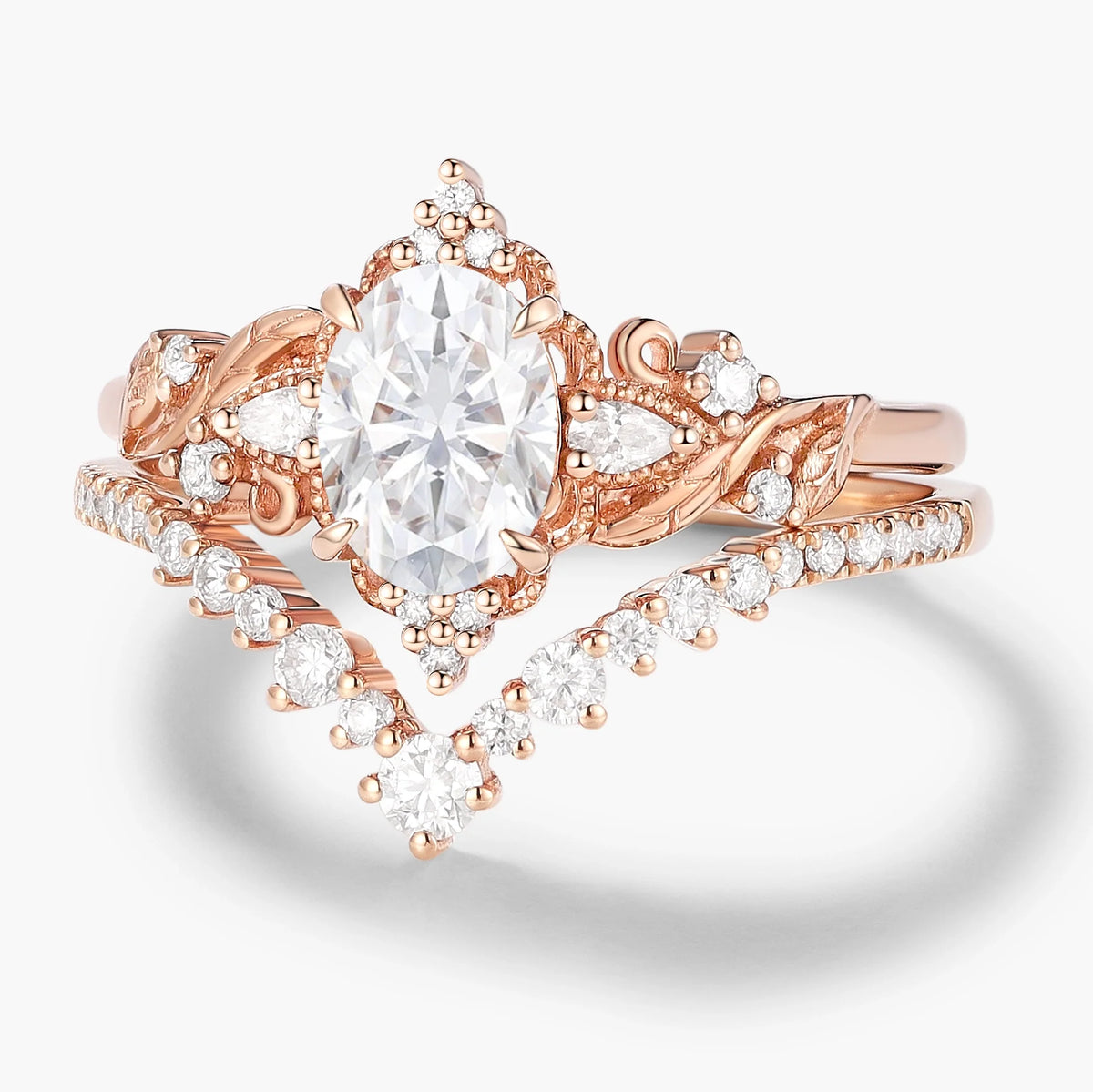 Oval Cut Moissanite Leaf Engagement Ring Set 2pcs