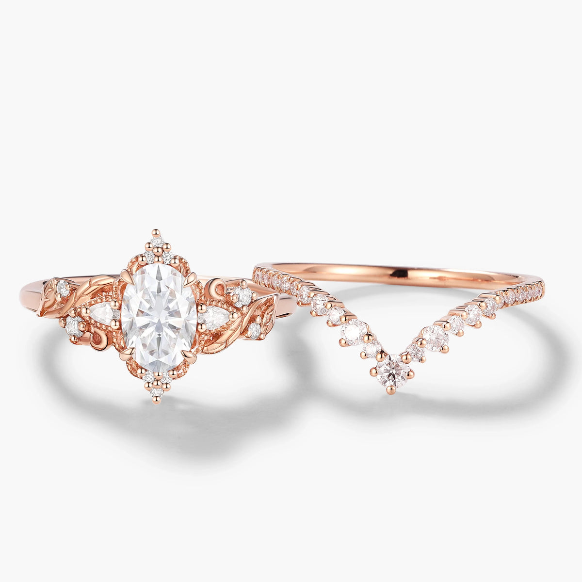 Oval Cut Moissanite Leaf Engagement Ring Set 2pcs