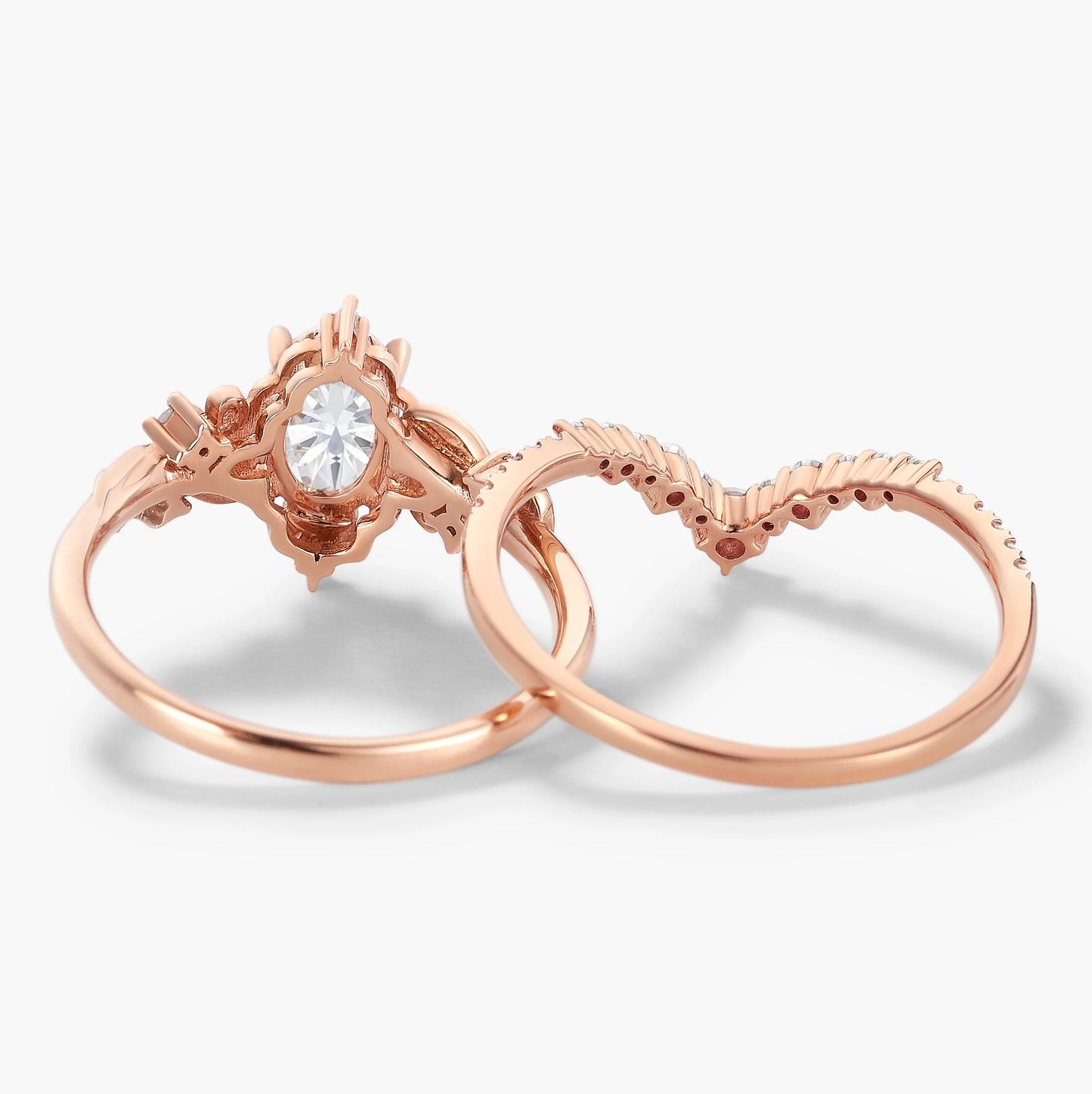 Oval Cut Moissanite Leaf Engagement Ring Set 2pcs