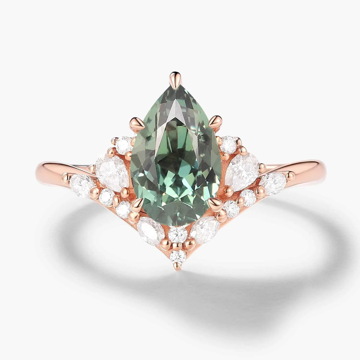 Pavé Half-Halo Pear Cut Green Sapphire Engagement Ring