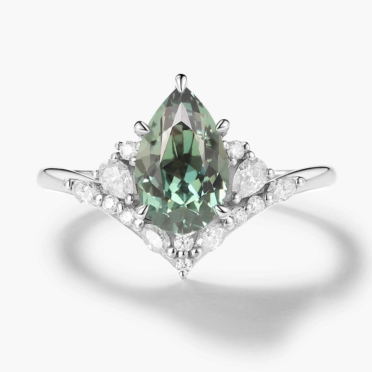 Pavé Half-Halo Pear Cut Green Sapphire Engagement Ring