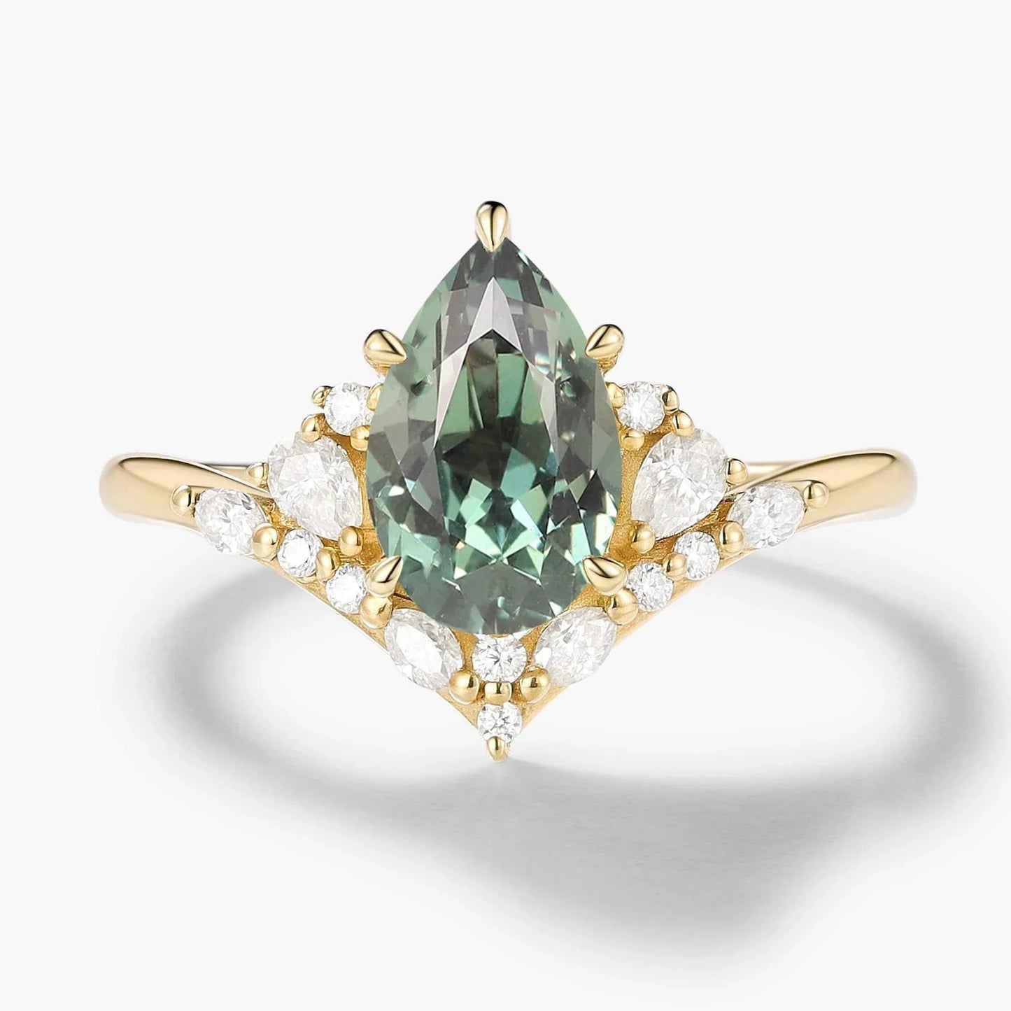 Pavé Half-Halo Pear Cut Green Sapphire Engagement Ring