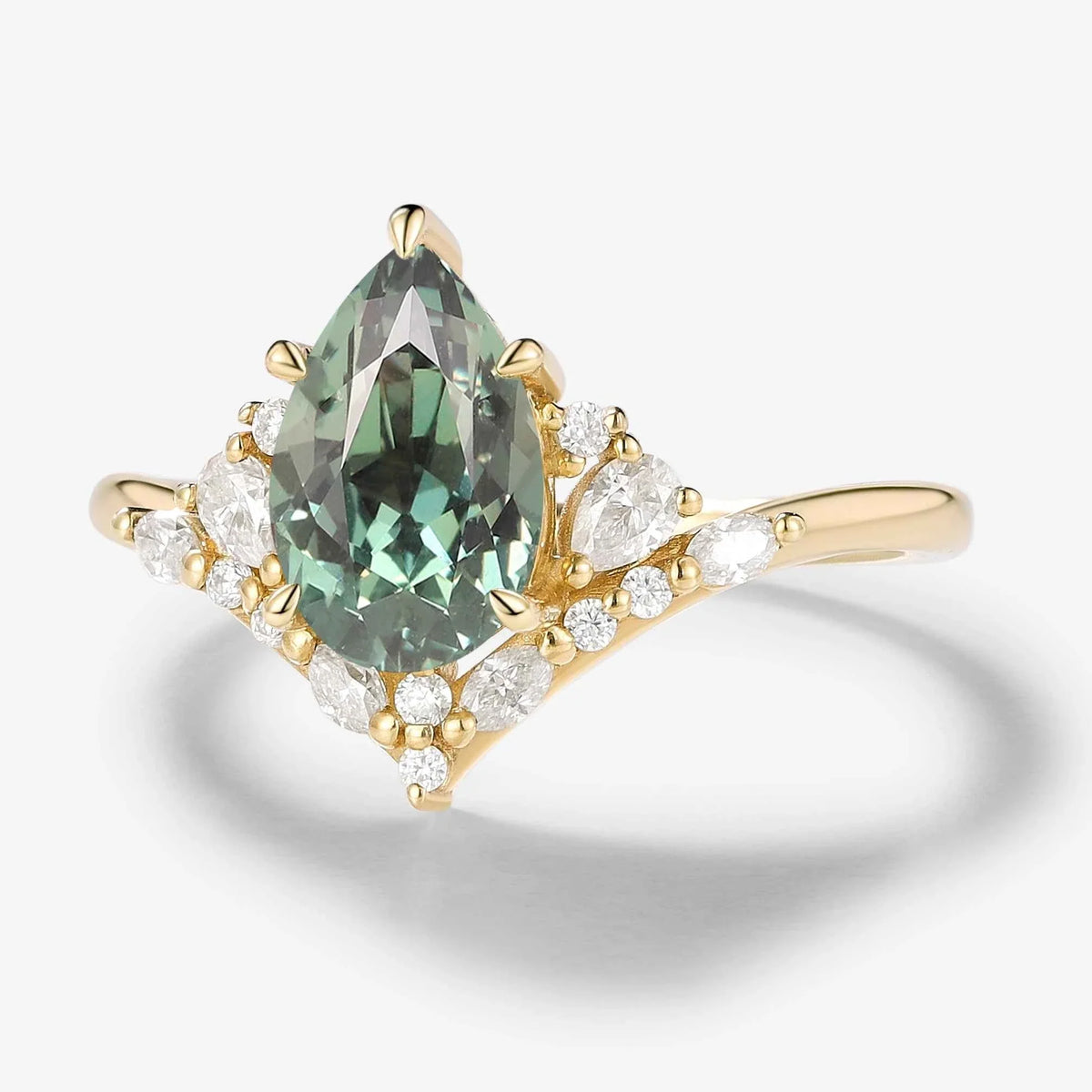 Pavé Half-Halo Pear Cut Green Sapphire Engagement Ring