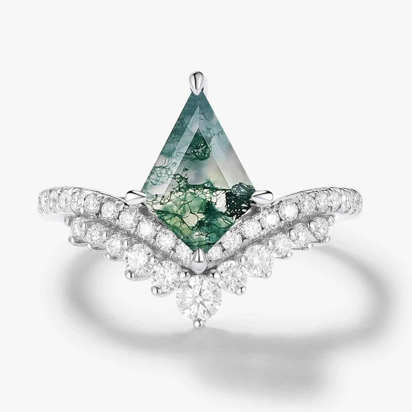 Kite-Shaped Moss Agate Pavé V-Double Band Engagement Ring
