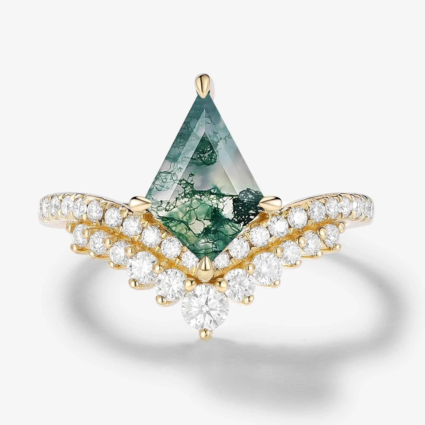 Kite-Shaped Moss Agate Pavé V-Double Band Engagement Ring