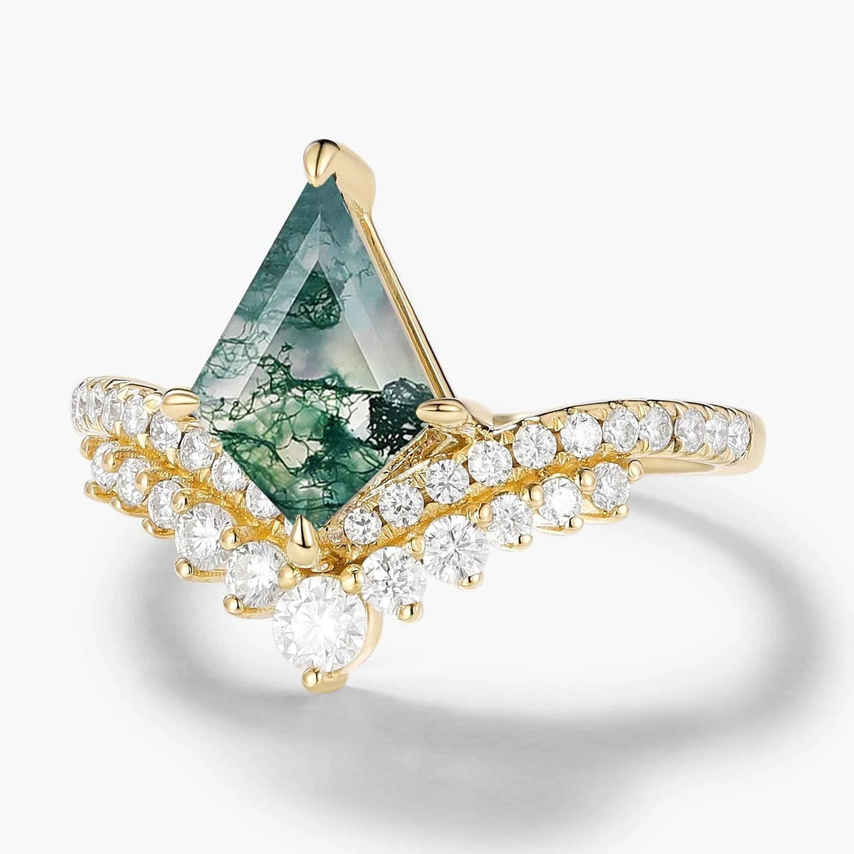 Kite-Shaped Moss Agate Pavé V-Double Band Engagement Ring