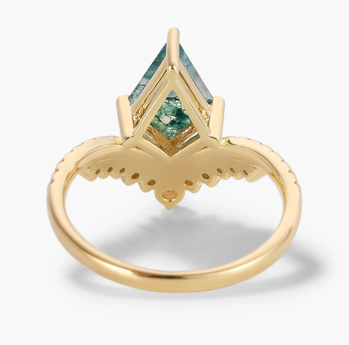Kite-Shaped Moss Agate Pavé V-Double Band Engagement Ring