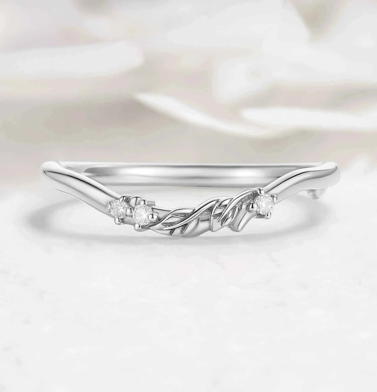 Nature-Inspired Leaf Moissanite Chevron Wedding Band